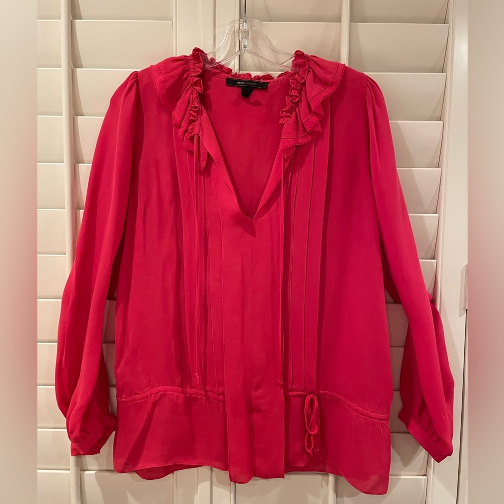 Women's Silk Pink Ruffled Blouse